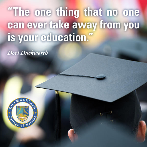 Graduate wearing cap and graphic text of quote "The one thing that no one can ever take away from you is your education." - Dori Duckworth