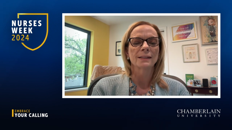 Screenshot of Karen Cox in her office recording a Nurses Week message