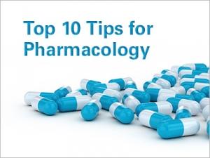 Pile of pills and graphic text "Top 10 Tips for Pharmacology"
