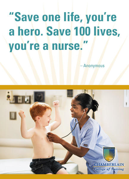 Picture of nurse with a child and graphic text "Save one life, you're a hero. Save 100 lives, you're a nurse." - Anonymous