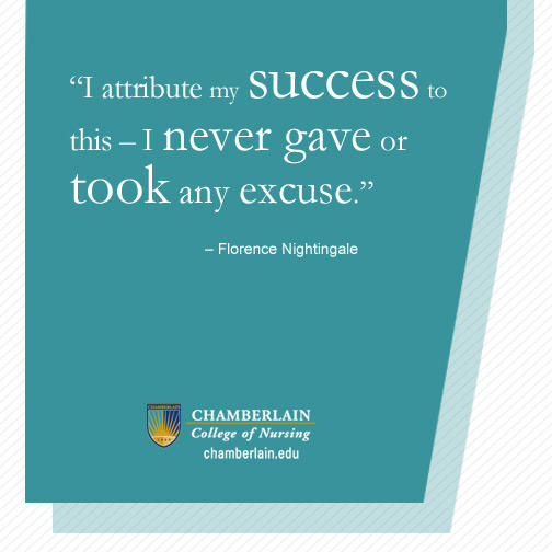 Graphic text of quote "I attribute my success to this - I never gave or took any excuse." - Florence Nightingale