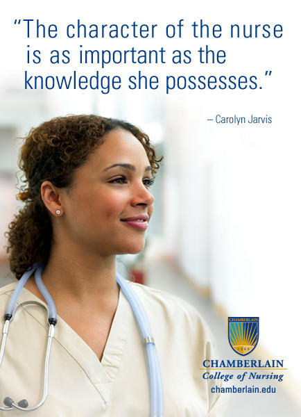 Picture of nurse and graphic text of quote "The character of the nurse is as important as the knowledge she possesses." - Carolyn Jarvis