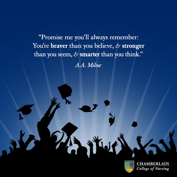 Silhouettes of graduates throwing up their caps and graphic text of quote "Promis me you'll always remember: You're braver than you believe, & stronger than you seem, & smarter than you think." - A.A. Milne