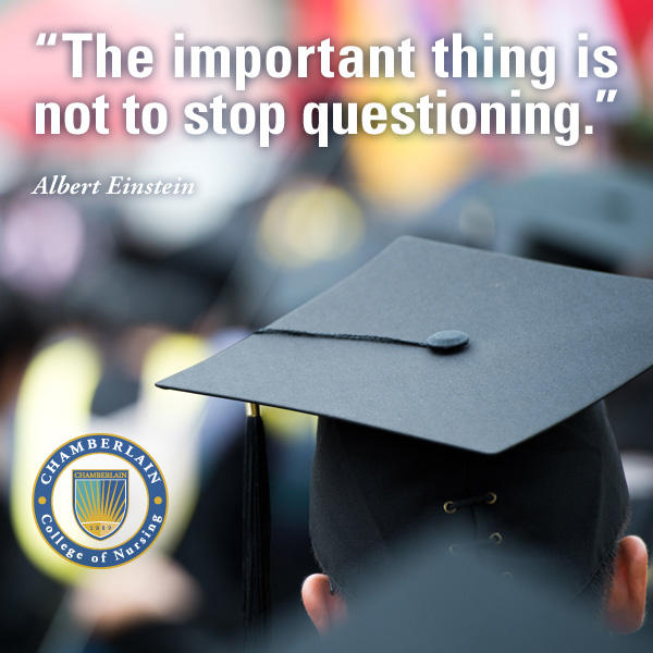 Graduate wearing a cap with graphic text of quote "The important thing is not to stop questioning." - Albert Einstein