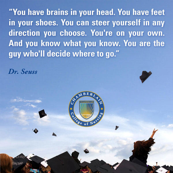 Graduates throwing caps and graphic text with quote "You have brains in your head. You have feet in your shoes. You can steer yourself in any direction you choose. You're on your own. And you know what you know. You are the guy who'll decide where to go." - Dr. Seuss