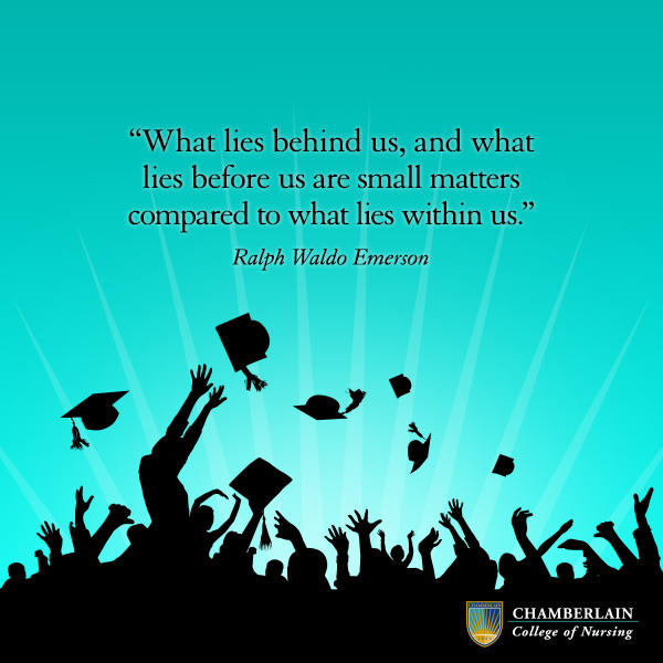 Silhouettes of graduates throwing up their caps and graphic text of quote "What lies behind us, and what lies before us are small matters compared to what lies within us." - Ralph Waldo Emerson
