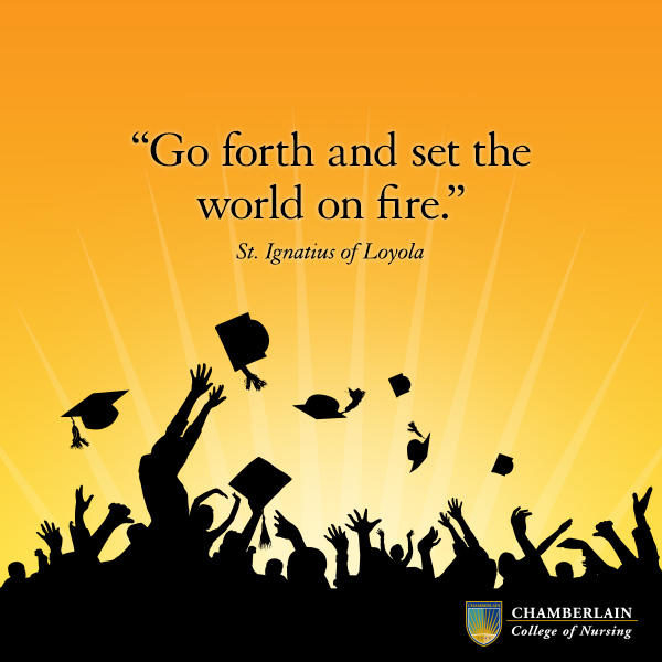 Silhouettes of graduates throwing caps and graphic text of quote "Go forth and set the world on fire." - St. Ignatius of Loyola