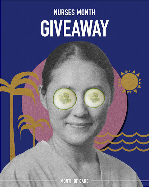 "Nurses Month Giveaway" Girl on beach with cucumbers on eyes
